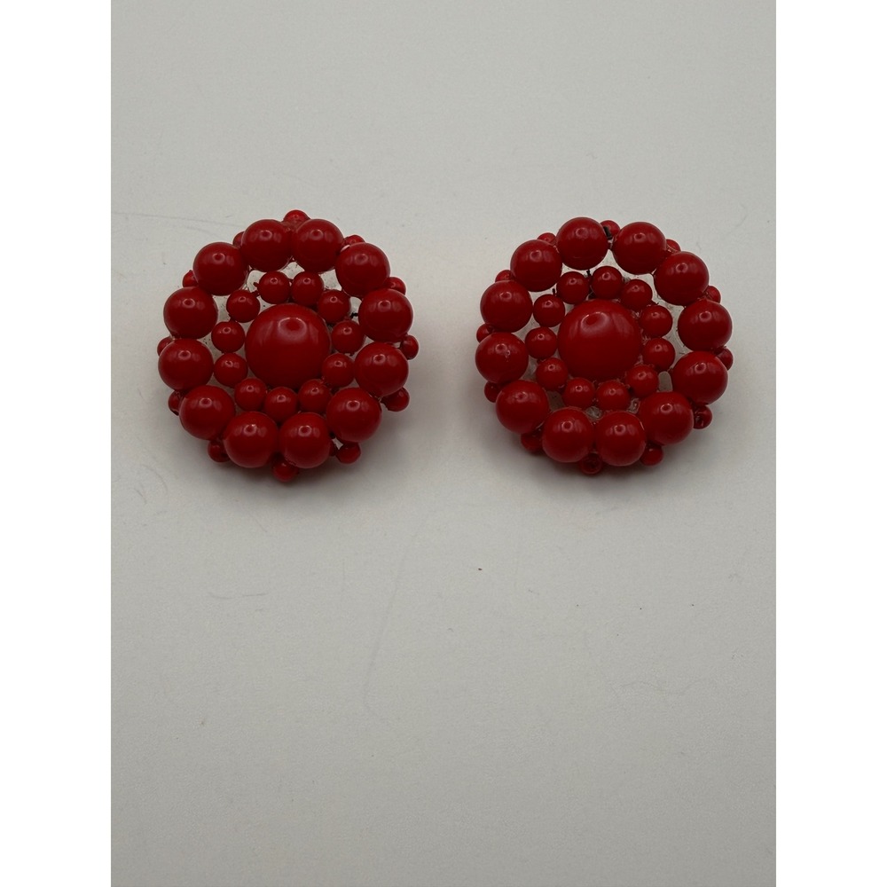 Vintage 1960s Red Beaded Cluster Statement Clip On Earrings